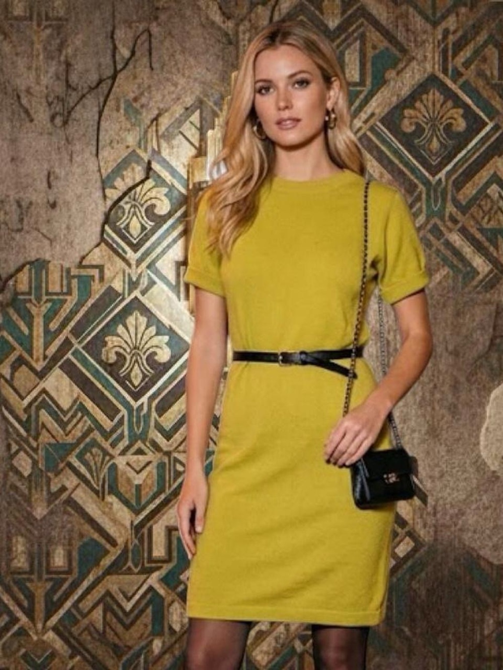 Ballantyne Mustard Yellow Short Sleeve Sheath Dress 100% Cashmere
